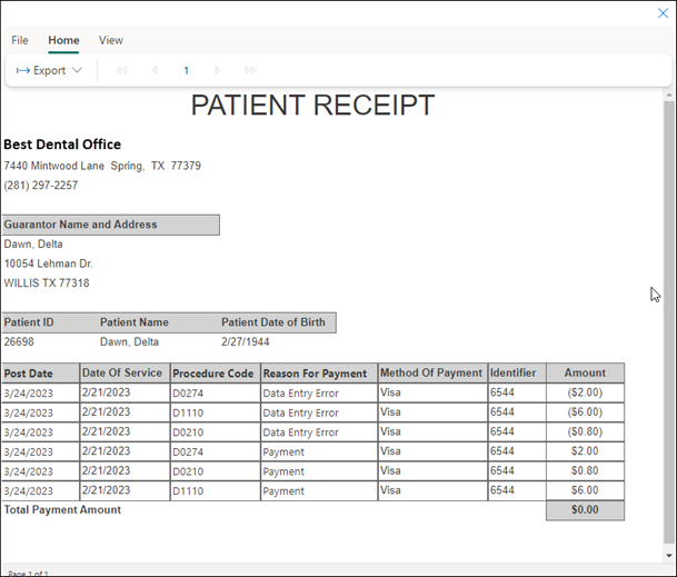 A printed patient receipt for a sample patient